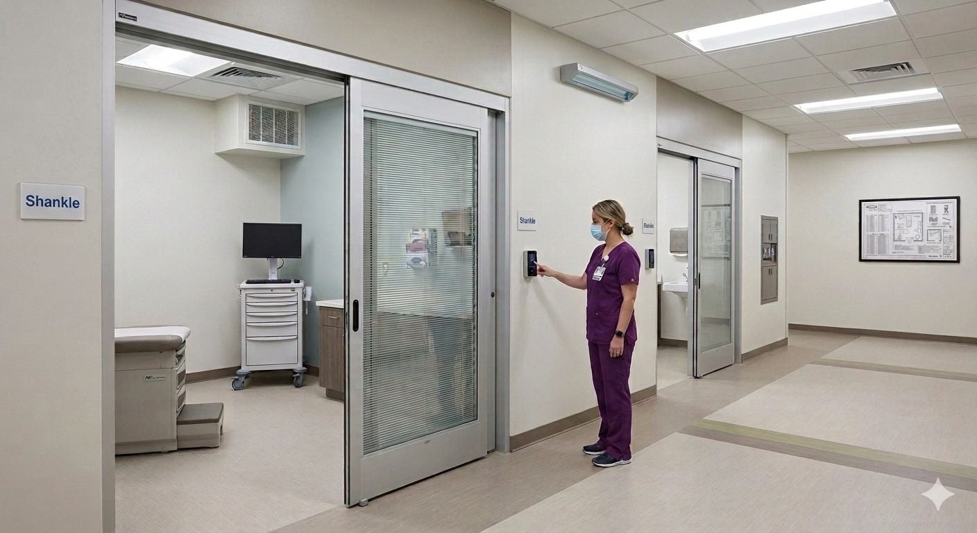 Healthcare worker using a reader outside a medical room with an AD Systems sliding door