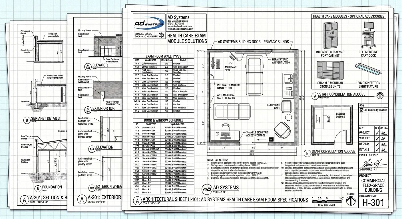 Architectural blueprint of a healthcare exam module with AD Systems ExamSlide doors