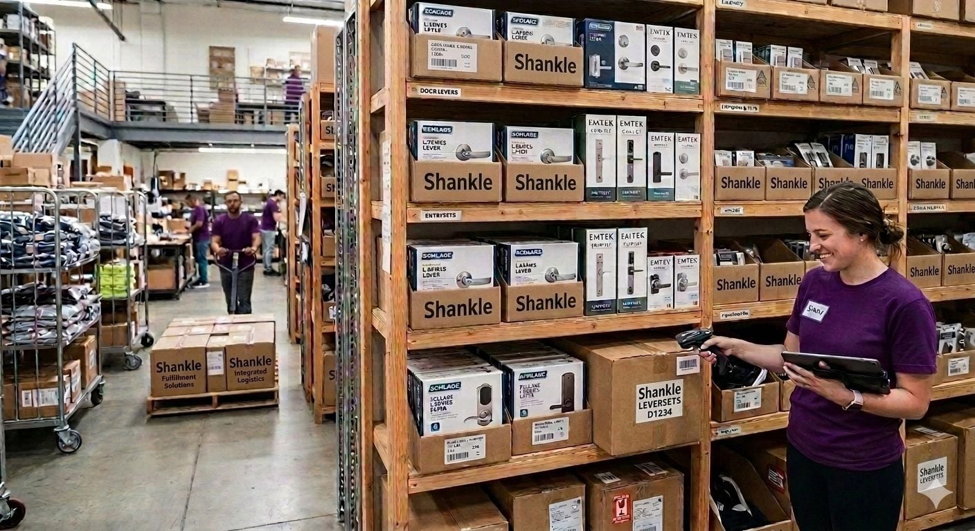 Warehouse worker scanning Shankle boxes on shelves